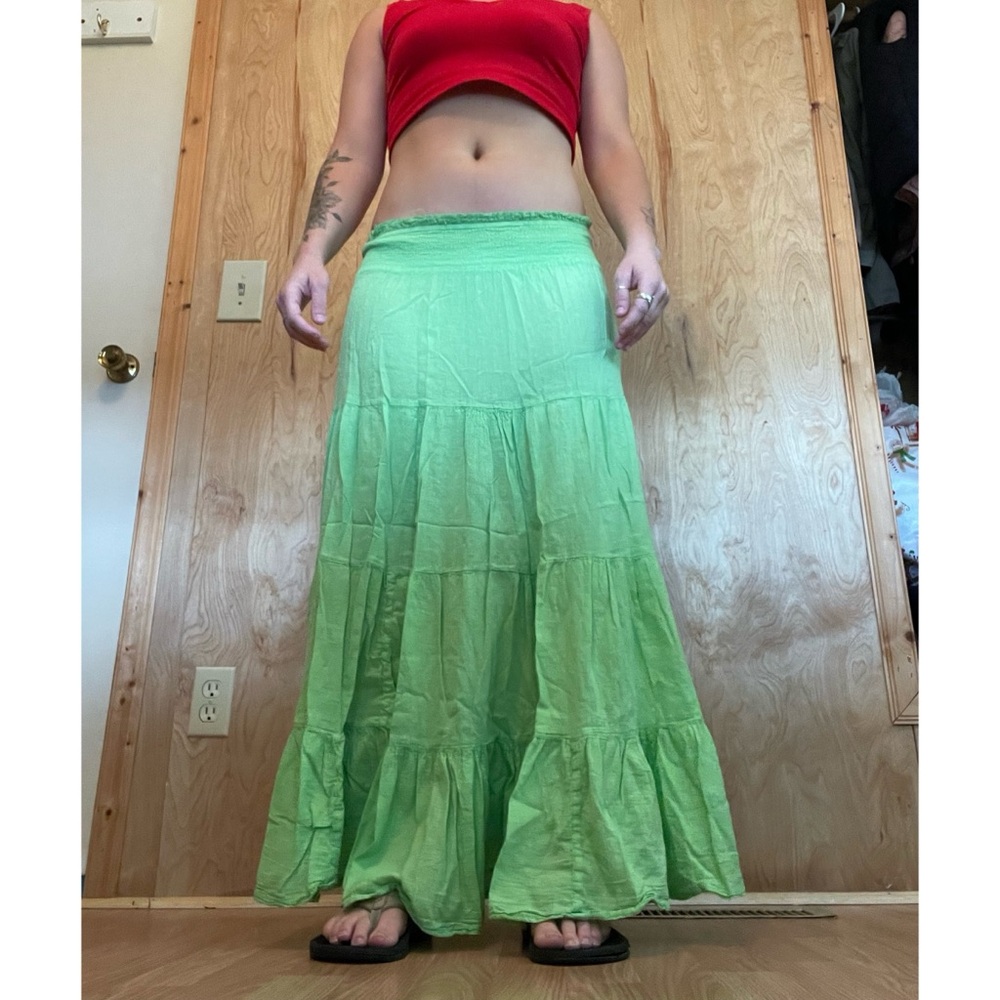 Uniti Casual Green Tiered Maxi Skirt Resort Style